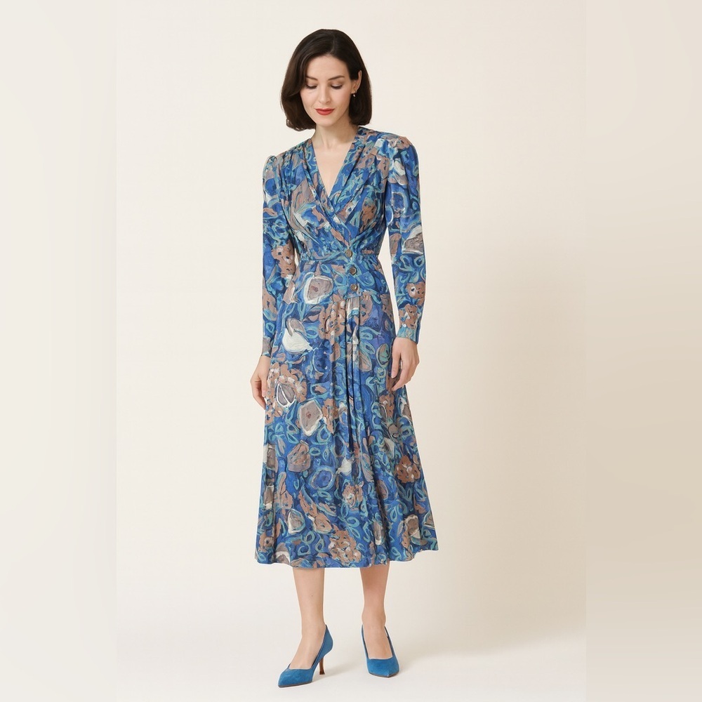 Vintage 80s Edie Johne Montreal Abstract Print Midi Dress Art Deco Style size 8
